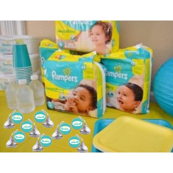 Personalized Baby Shower Diaper Party Stickers, 0.75 inch Round, Set of 90, Teal - Picture 5 of 6